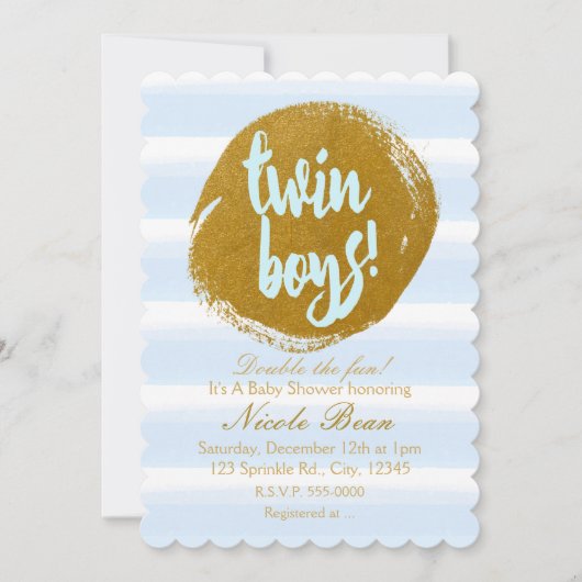 TWIN BOYS Blue & Gold Foil Aquarelle Invitation (Devant)