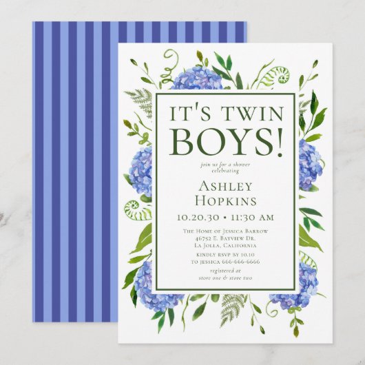 Twin Boys Blue Hydrangeas Baby shower Kaart (Voorkant / Achterkant)