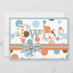 TWIN BOYS Blue Oranje Brown Stip Baby shower Kaart