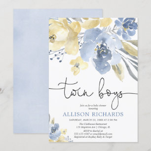 Twin boys Dusty blue yellow floral baby shower Kaart