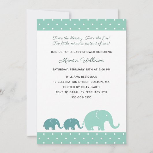 Twin Boys Elephant Baby Shower Invitations - Bleu (Devant)