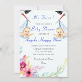Twin Boys Funny Stork Baby shower Invitation (Voorkant)