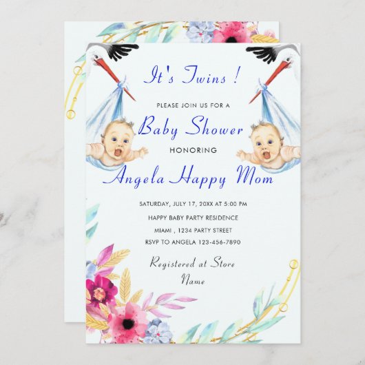 Twin Boys Funny Stork Baby shower Invitation (Voorkant / Achterkant)