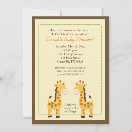 Twin Boys Giraffe 5x7 Baby shower Invitation (Devant)