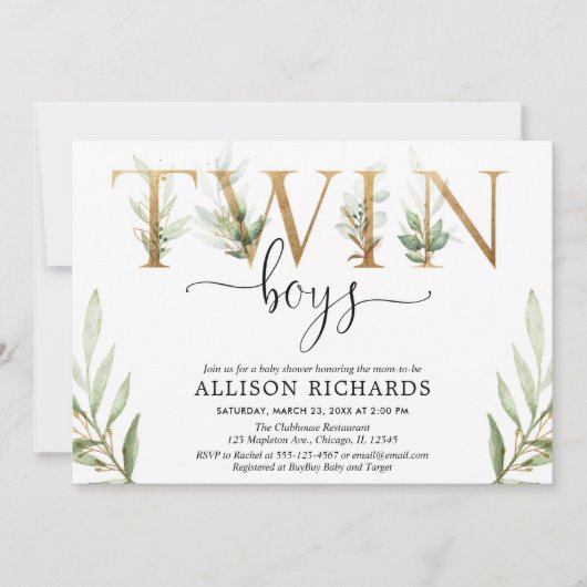 Twin boys groen modern baby shower kaart (Voorkant)
