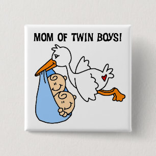 Twin Boys Mam Stork Tshirts en cadeautjes Vierkante Button 5,1 Cm
