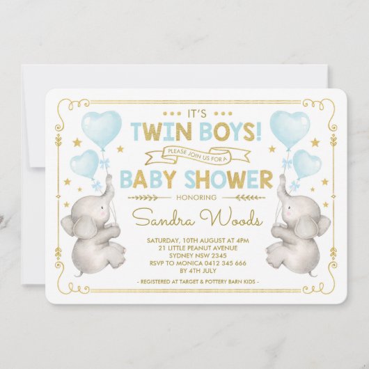 Twin Boys Olifant Baby shower Blauw Goud Oerwoud Kaart (Voorkant)