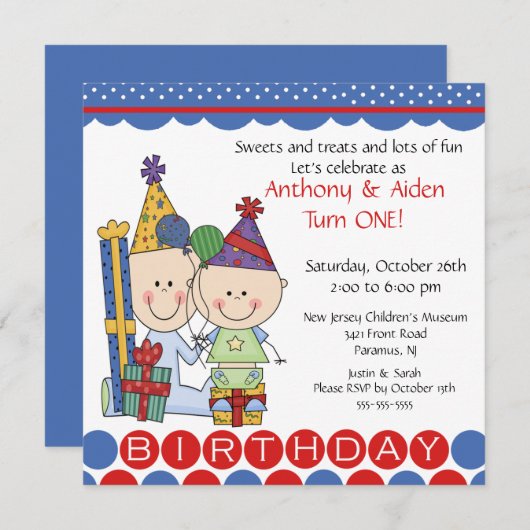 Twin Boys Stick Figure Twins Invitation d'annivers (Devant / Derrière)