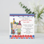 Twin Boys Stick Figure Twins Invitation d'annivers (Debout devant)