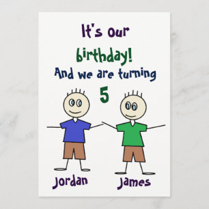Twin Boys Stick Figures Cute Birthday Invitation Kaart