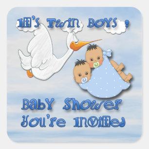 Twin Boys - Stork Baby shower envelop seal Vierkante Sticker