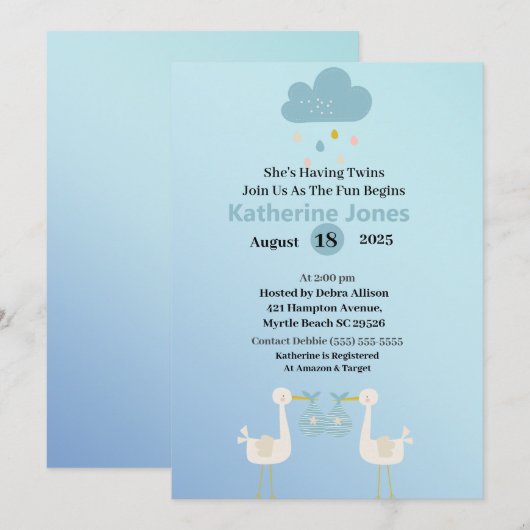 Twin Boys Stork Baby Shower Invitations (Devant / Derrière)