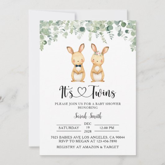 Twin Bunnies Baby Shower Invitations (Devant)