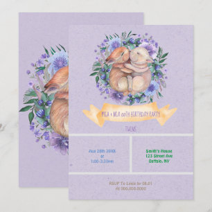 Twin Bunnies Paarse Floral Birthday Party nodigt u