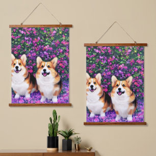 Twin Corgis in de tuin Hangend Wandkleed