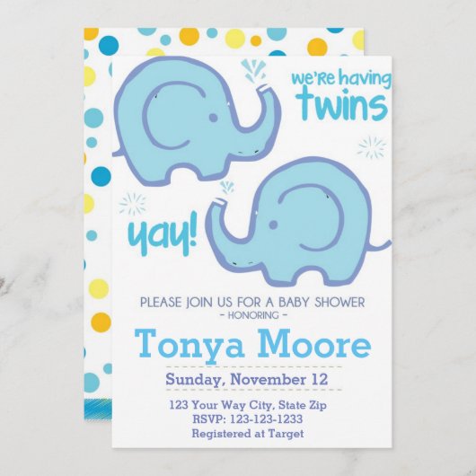 Twin Elephant Baby shower Invitation (jongens) Kaart (Voorkant / Achterkant)