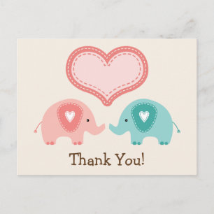 Twin Elephants Baby shower Dank u Briefkaart