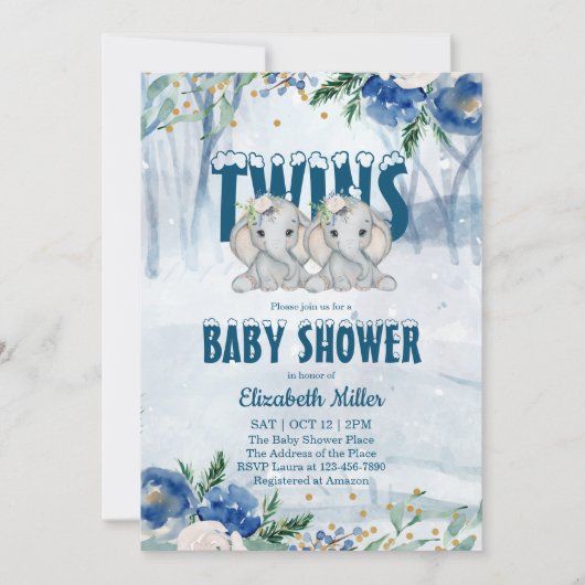Twin Elephants Winter Baby shower Invitation (Voorkant)