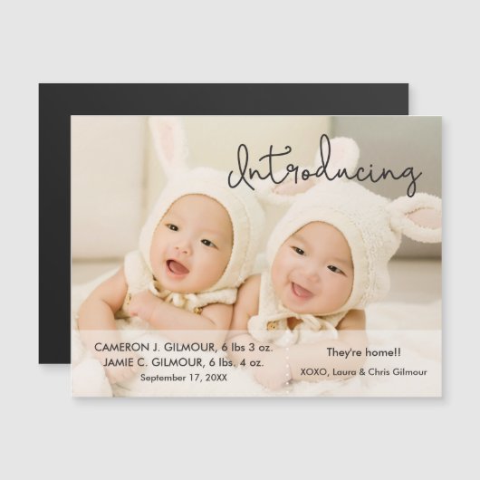 Twin Faire-part de naissance Modern Script Introdu (Devant / Derrière)