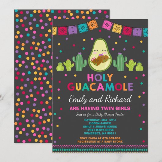 Twin Fiesta Baby shower Invitation Saint Guacamole (Devant / Derrière)
