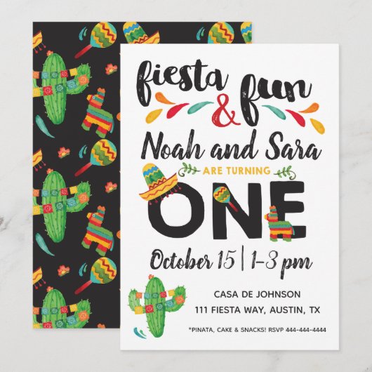 Twin Fiesta First Birthday Invitation Kaart (Voorkant / Achterkant)