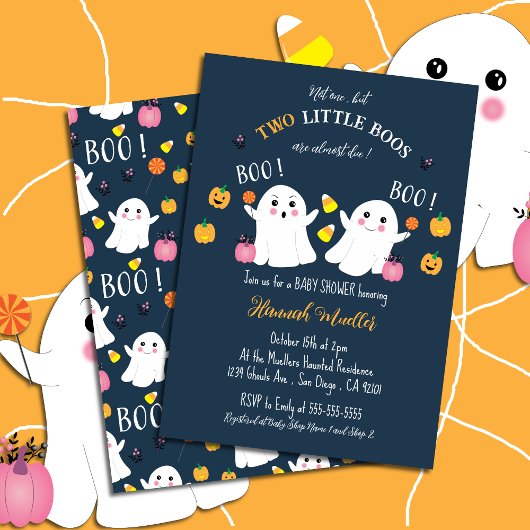 Twin Ghosts Halloween Baby shower Blue Invitation Kaart