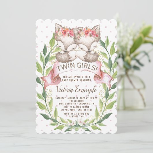 Twin Girl Baby Fox Baby Shower Invitations (Debout devant)