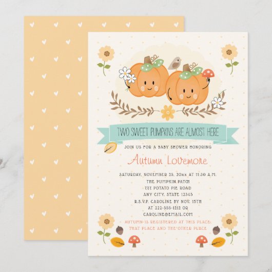 Twin Girl Citrouille Baby Shower Invitations (Devant / Derrière)