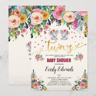 Twin Girl Elephant Baby shower Kaart