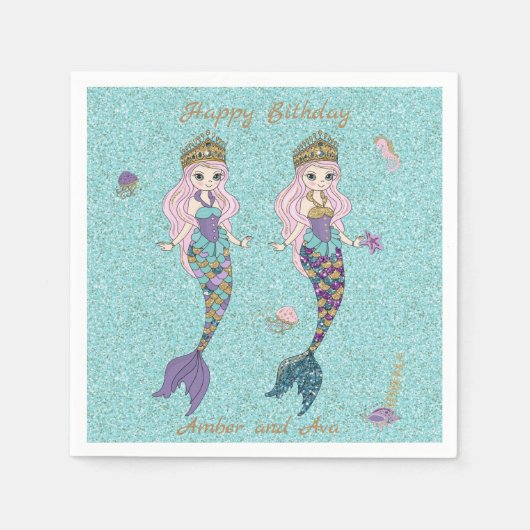 Twin Girl Mermaid Birthday Party Napkins Servet (Voorkant)