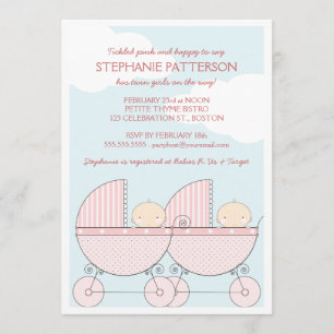 Twin Girl Pink Carriage Happy Baby shower Kaart