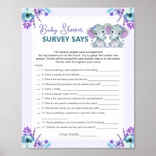 Twin Girl Survey zegt Baby shower spel Paarse Blau Poster