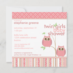 Twin Girls Baby Owl PInk Baby shower Kaart