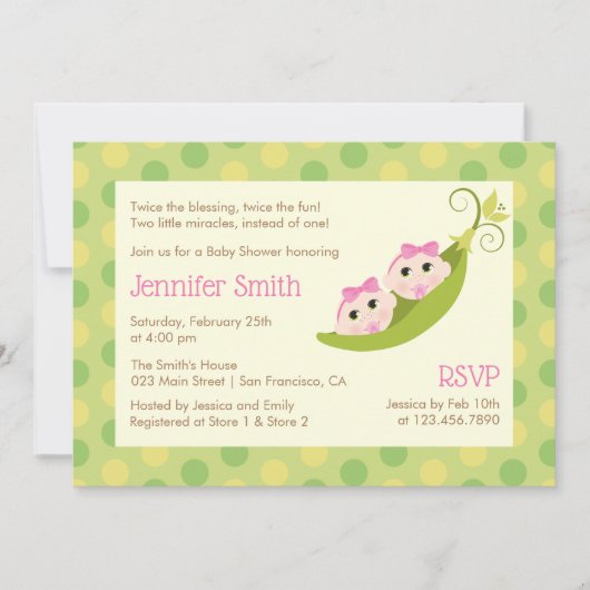 Twin Girls Baby shower Invitation 2 Pois Dans Une (Devant)