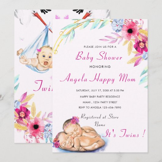 Twin Girls Baby shower Invitation - Aangepaste kle (Voorkant / Achterkant)