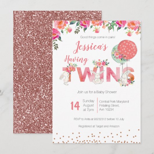 Twin Girls Baby Shower Invitations (Devant / Derrière)