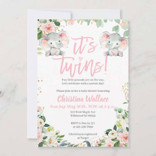 Twin Girls Baby Shower Invitations avec éléphants (Devant)