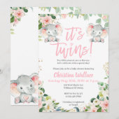 Twin Girls Baby Shower Invitations avec éléphants (Devant / Derrière)