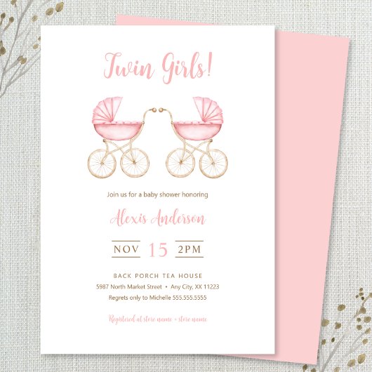 Twin Girls Carriages Baby Shower Invitation