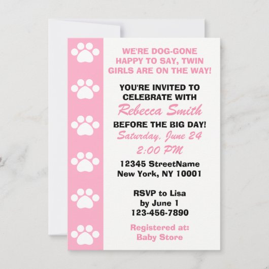 Twin Girls - Chien Thème Baby Shower Invitations (Devant)