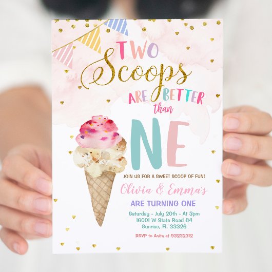 Twin Girls Cone Ice Cream Invitation Anniversaire
