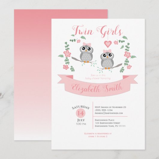 Twin Girls Cute owls babyshower Kaart (Voorkant / Achterkant)