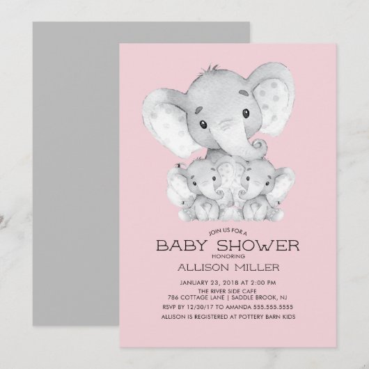 TWIN Girls Elephant baby shower Invitation (Devant / Derrière)