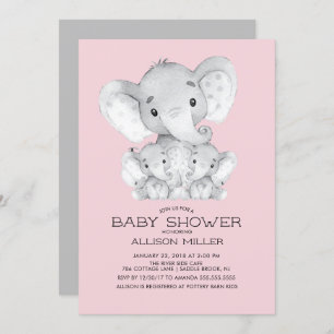 TWIN Girls Elephant baby shower Invitation