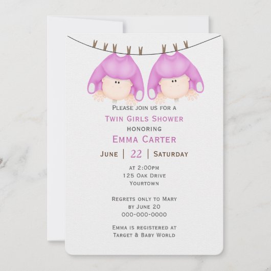 Twin Girls On Clothesline Baby shower Invitation (Devant)