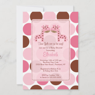 Twin Girls Pink Giraffe Baby shower Kaart