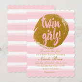 TWIN GIRLS Pink Gold Foil Aquarelle Invitation (Devant / Derrière)