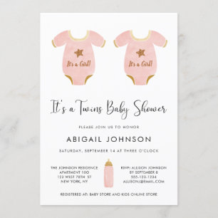 Twin Girls Pink Gold Waterverf Retro Baby shower Kaart