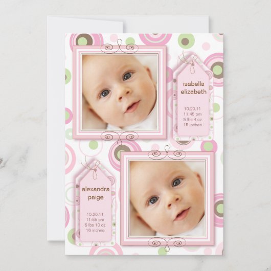 Twin Girls Pink Polka Dot Photo Faire-part (Devant)