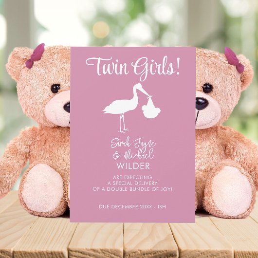 Twin Girls Pink Stork Zwangerschap Aankondiging Ka